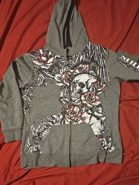 Gray Zip-Up Hoodie with Skull & Rose Graphic